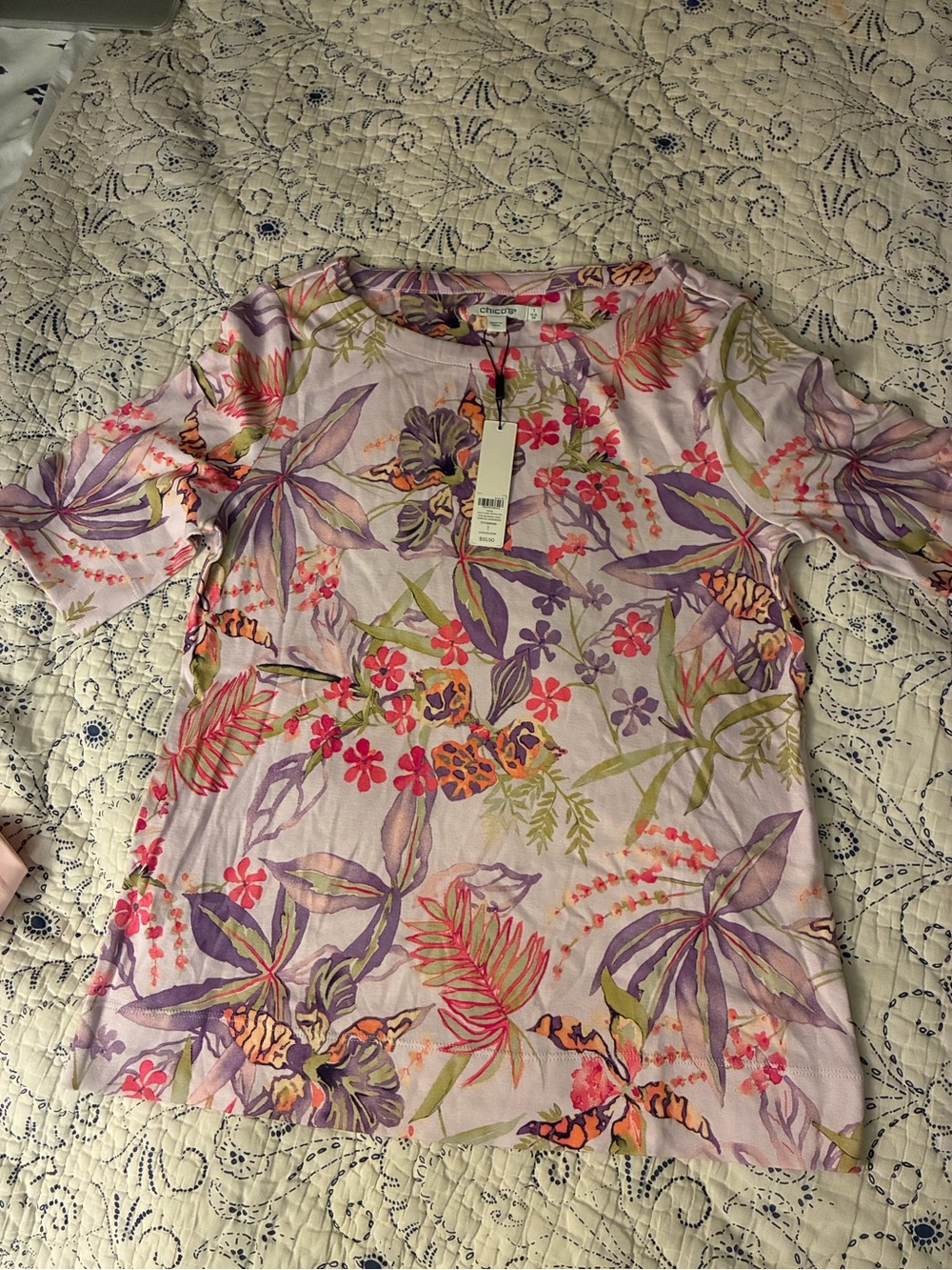 Chico's Lavender Floral Short Sleeve Basic Knit - Gentle Lavender - Picture 5 of 6